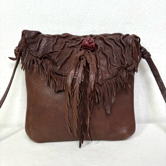 VICKI LOVE Boho Artisan Handmade Leather Crossbody Purse Bag Rose Fringes - Picture 6 of 16